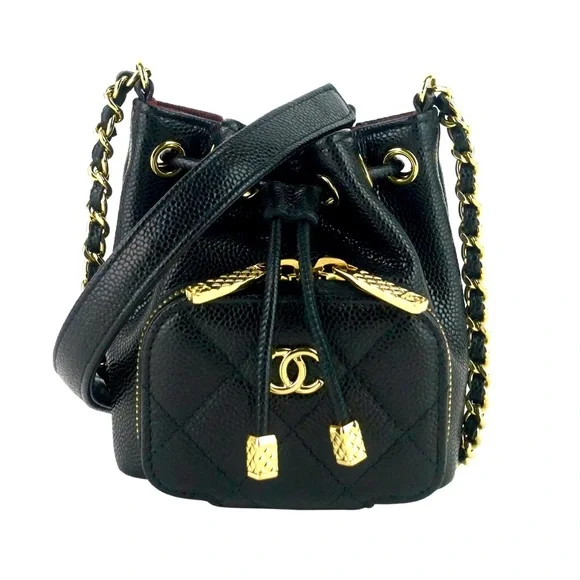 CHANEL Mini CC Black Pocket Caviar Leather Gold Chain & Leather Strap Bucket Bag - Picture 1 of 12